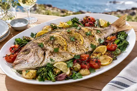 Whole roasted snapper with tomatoes, lemon and herbs